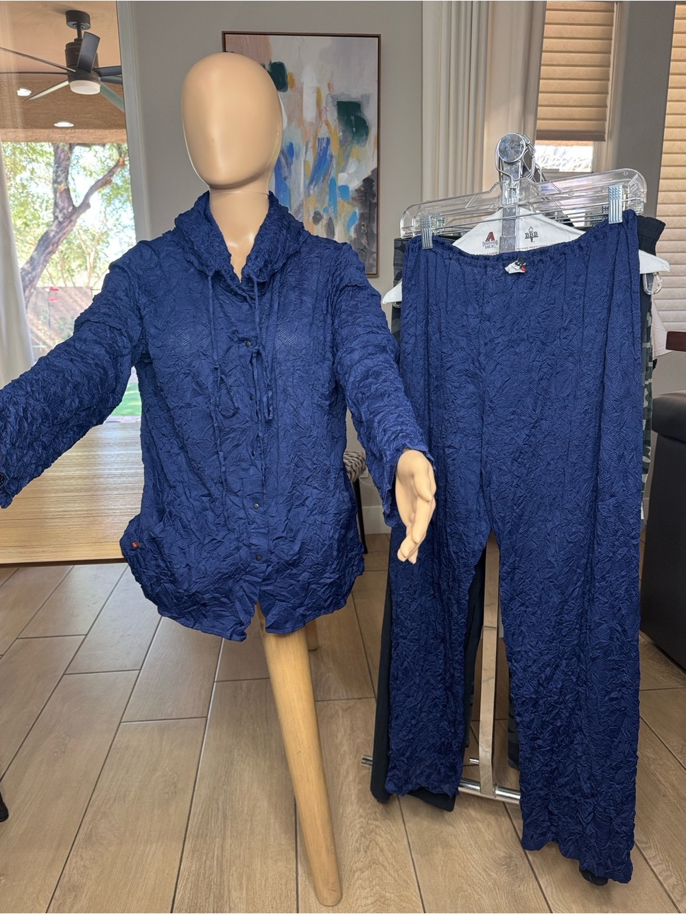 Babette Crinkle Travelwear Hooded Jacket & Pant Set Blue XL Artsy Lagenlook